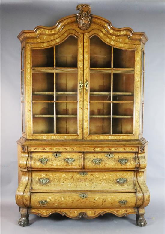 A 19th century Dutch floral marquetry and oak bombé base display cabinet, W.5ft D.1ft 8in. H.7ft 8in.